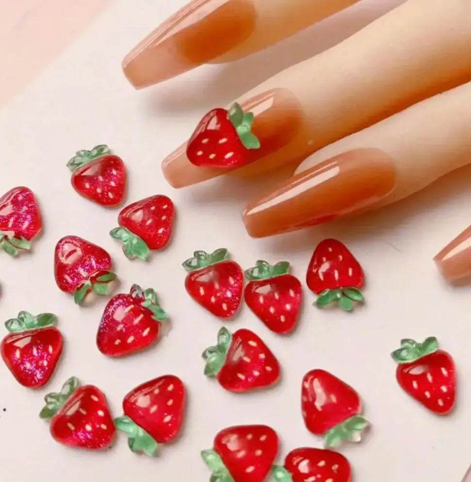 50pcs 3D Strawberry Cute Nail Charms Cartoon Fruit Flatback Resin Rhinestone Gems Red Strawberry Designs Nail Decoration Jewelry