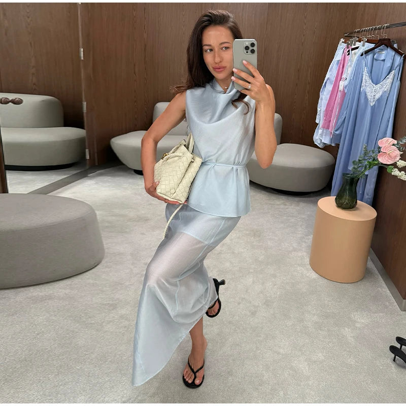 Casual Yellow Top Long Skirts Sets Women Sleeveless Lace Up Tops Straight Slit Skirt 2026 Summer Holiday Street Lady Solid Suits