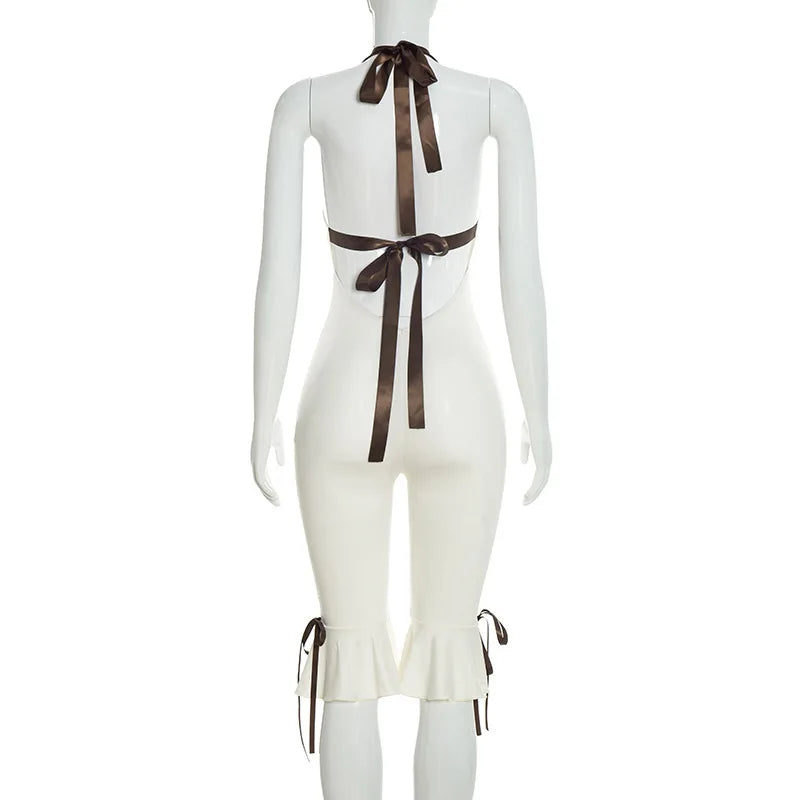 Joskaa Bowknot Decorate Halter Apricot Jumpsuit Women Hipster Sexy V-neck Backless Bandage Skinny Rompers Beach Holiday Clubwear