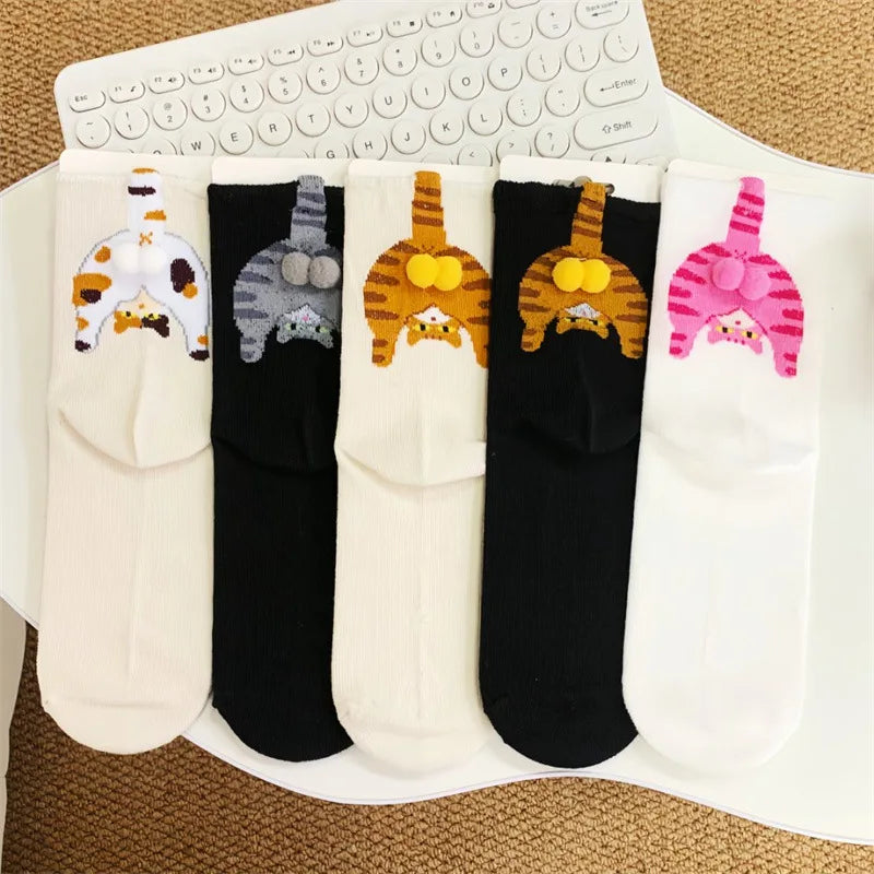 Cartoon Cat Egg Couple Socks Cozy Mid-Calf for Maternity Warm Winter Cute Present for Christmas Cat Lovers Family