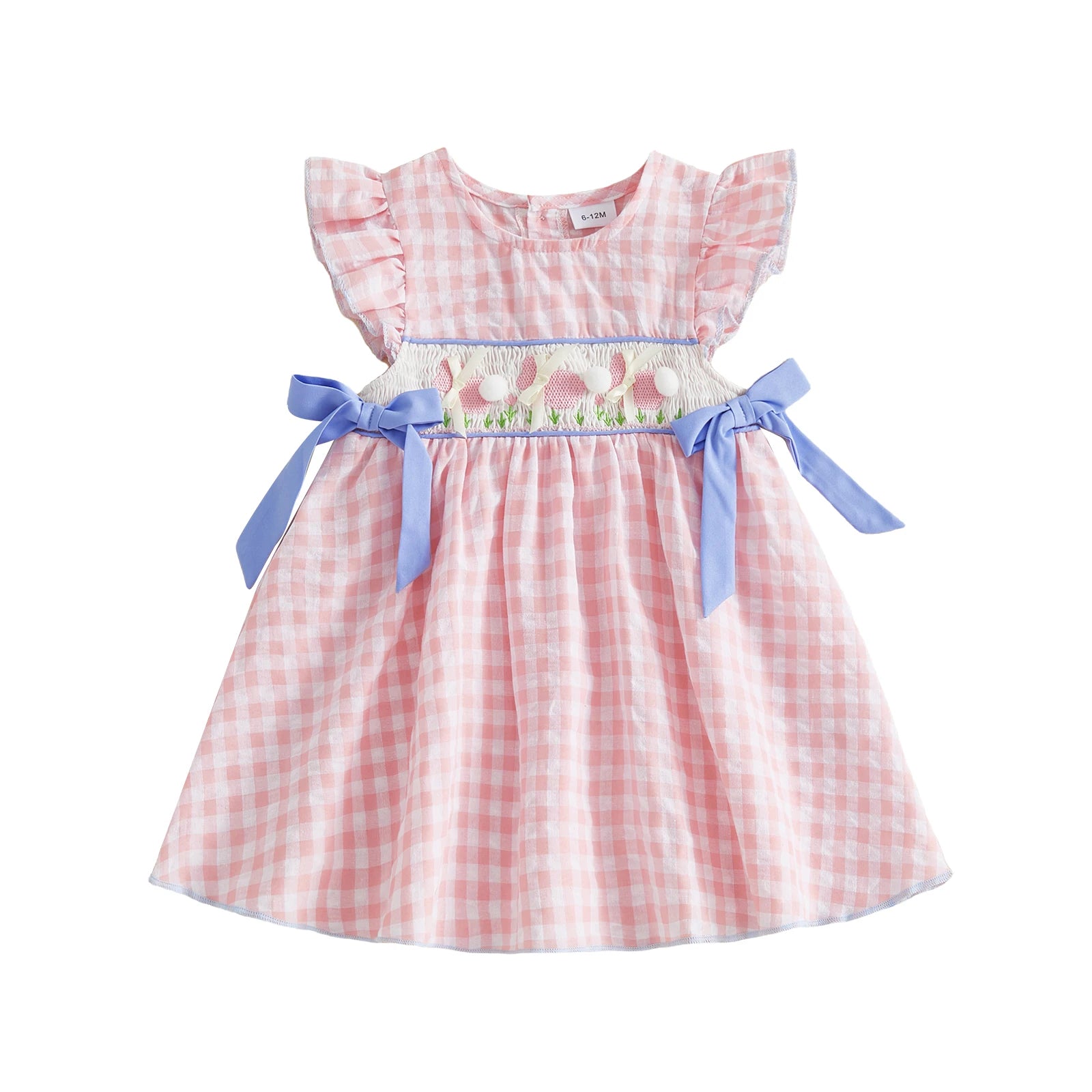 Toddler Baby Girl Easter Dress Flying Sleeve Crew Neck Rabbit Embroidery Plaid Print Bow Decor A Line Dress