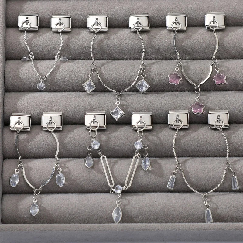 Star Butterfly Heart Zircon Round Pearls Tassel Chain Italian Charm Links Fit 9mm Bracelet Stainless Steel Women DIY Making Gift