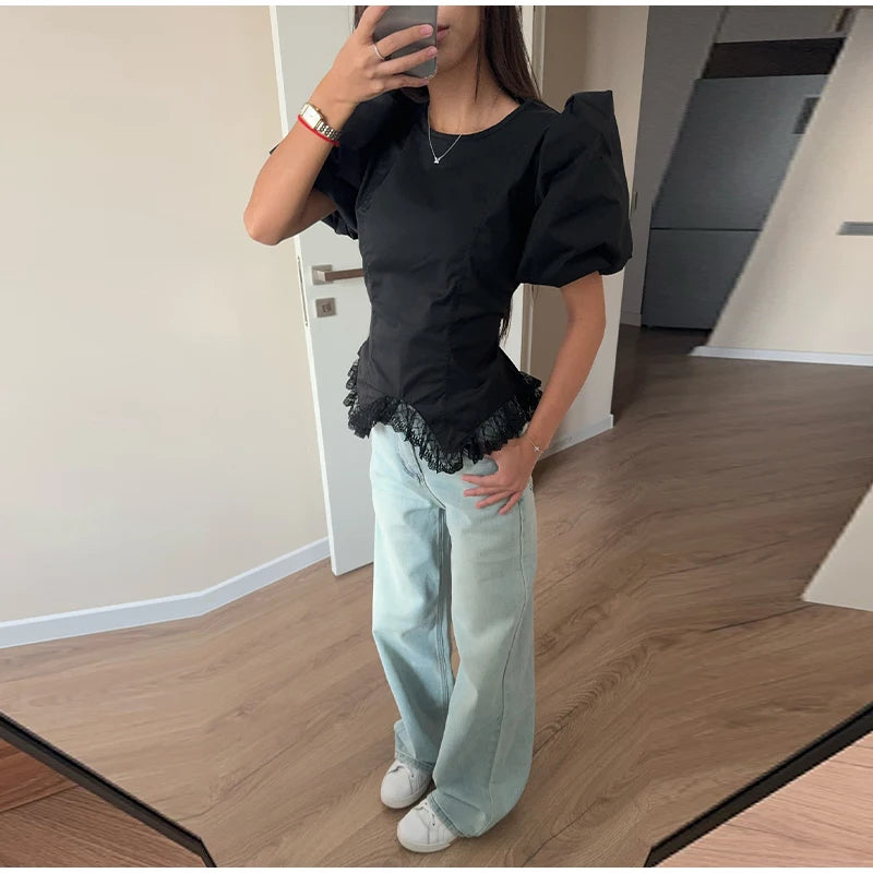 Women Round Neck Puff Sleeve Blouse Solid Lace Trim Asymmetrical Hem Slim Fit Shirt 2026 Spring Summer Chic Elegant Casual Top
