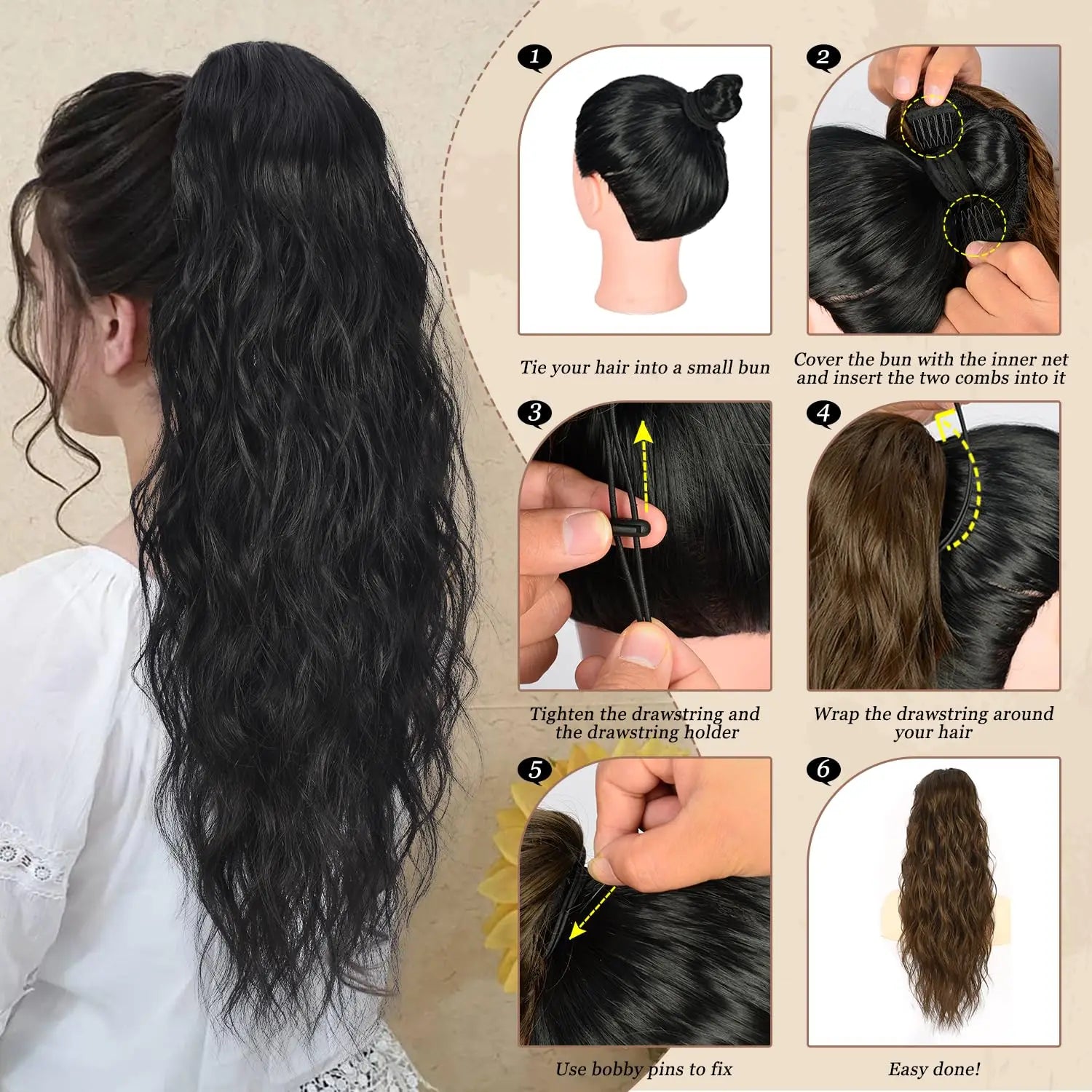 Long Curly Wavy Ponytail Hair Extension For Women Drawstring Ponytail Hairpieces Synthetic Fake Horse Tail Black Blonde Red