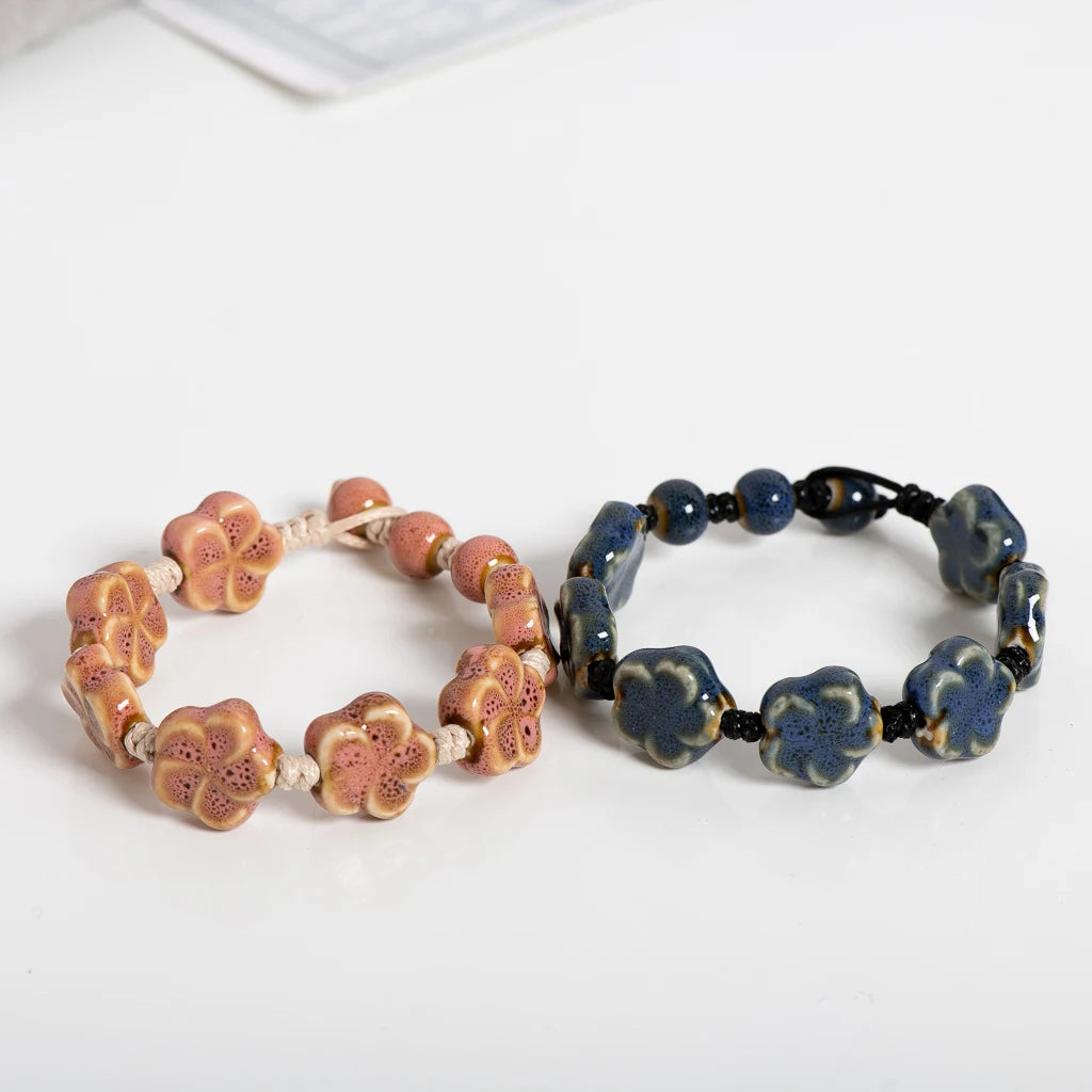 Handmade Ceramic Flower Bracelet 16–18cm Adjustable Cord Jewelry with Pink or Purple Glazed Beads for DIY Boho Style S02-057