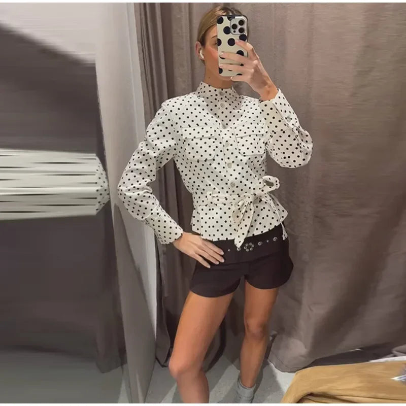 2026 Spring Polka Dot Capri Pants Sets Chic Women Stand Collar Lace Up Jacket High Waist Pencil Pants Lady 2 Pcs Outfits Street