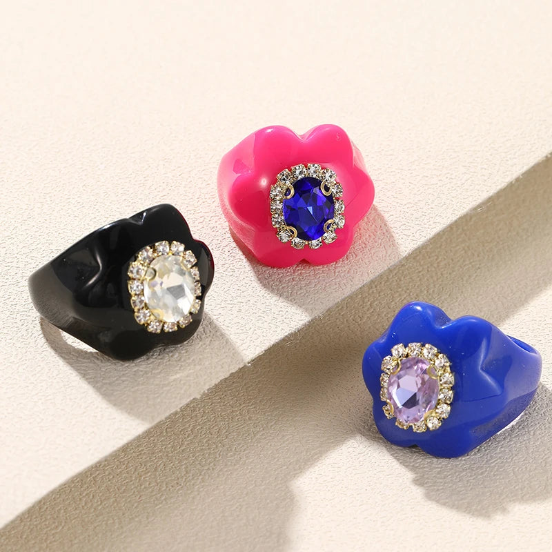 New Trendy Colorful Acrylic Rhinestone Rings Sets for Women Flower Large Finger Rings for Girls Korean Party Jewelry INS Gifts