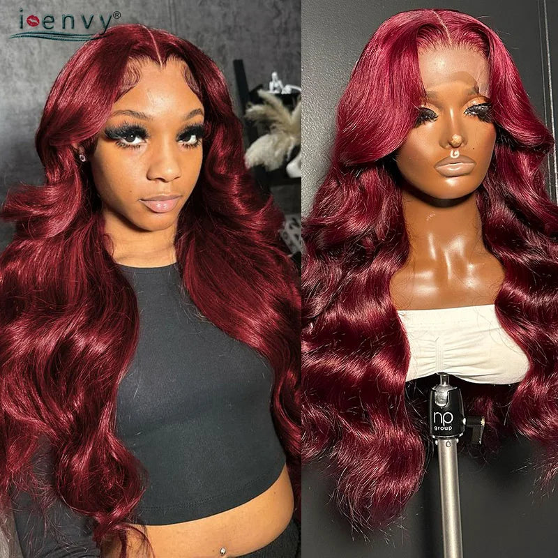 Cherry Red Burgundy 13X6 Lace Front Human Hair Wigs Body Wave 13X4 30 34 Inch 99J Colored Lace Frontal Wig Pre Plucked For Women
