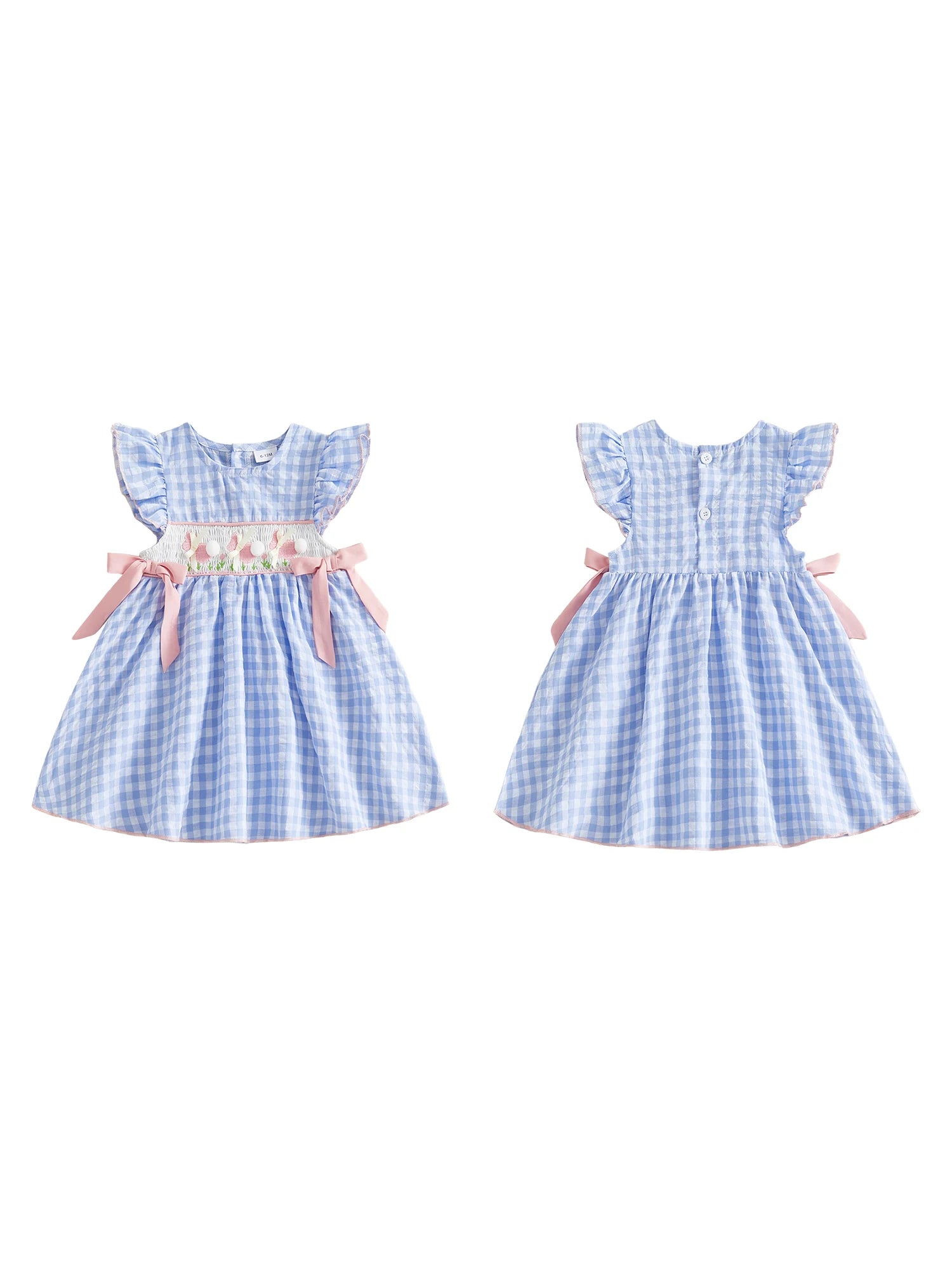Toddler Baby Girl Easter Dress Flying Sleeve Crew Neck Rabbit Embroidery Plaid Print Bow Decor A Line Dress