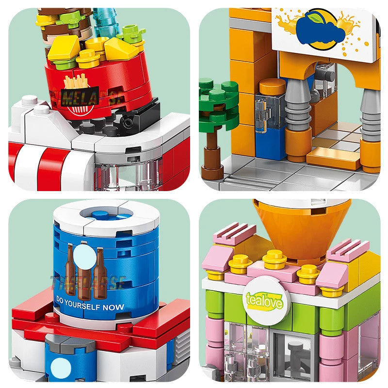 NEW Restaurant Dessert Coffee Pet Fruit Store Street View Food House Building Blocks Kit  Bricks Model Toy