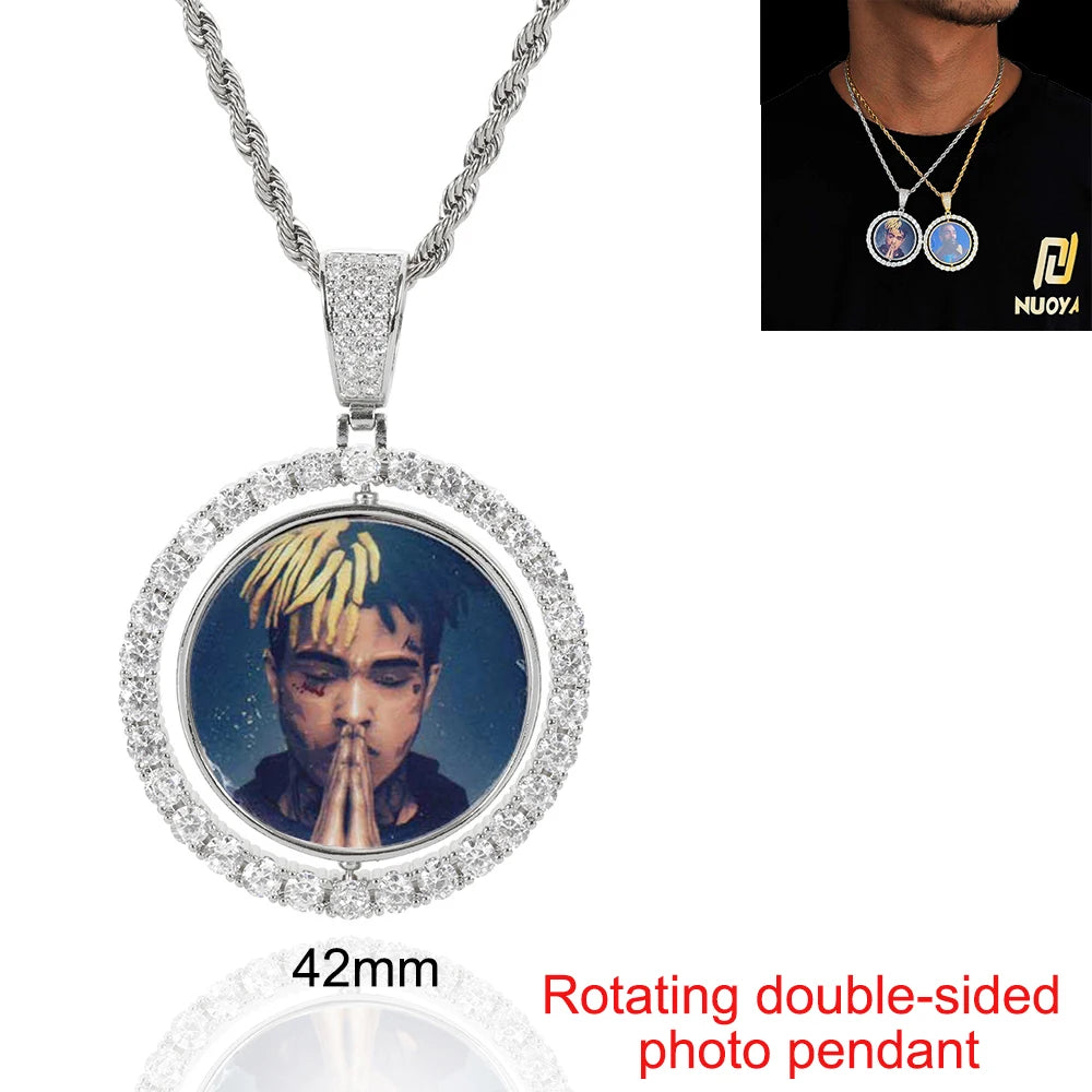 Custom Photo Necklace Circle Chain Personalized Medallion Memory Picture Pendant Solid Back Zircon Hip Hop Jewelry Free Engrave