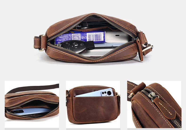 Crazy Horse Leather Messenger Bag Men's Leather Shoulder Bag For Mobile Phone Sling Bags For Men Woman Cross Body Bag