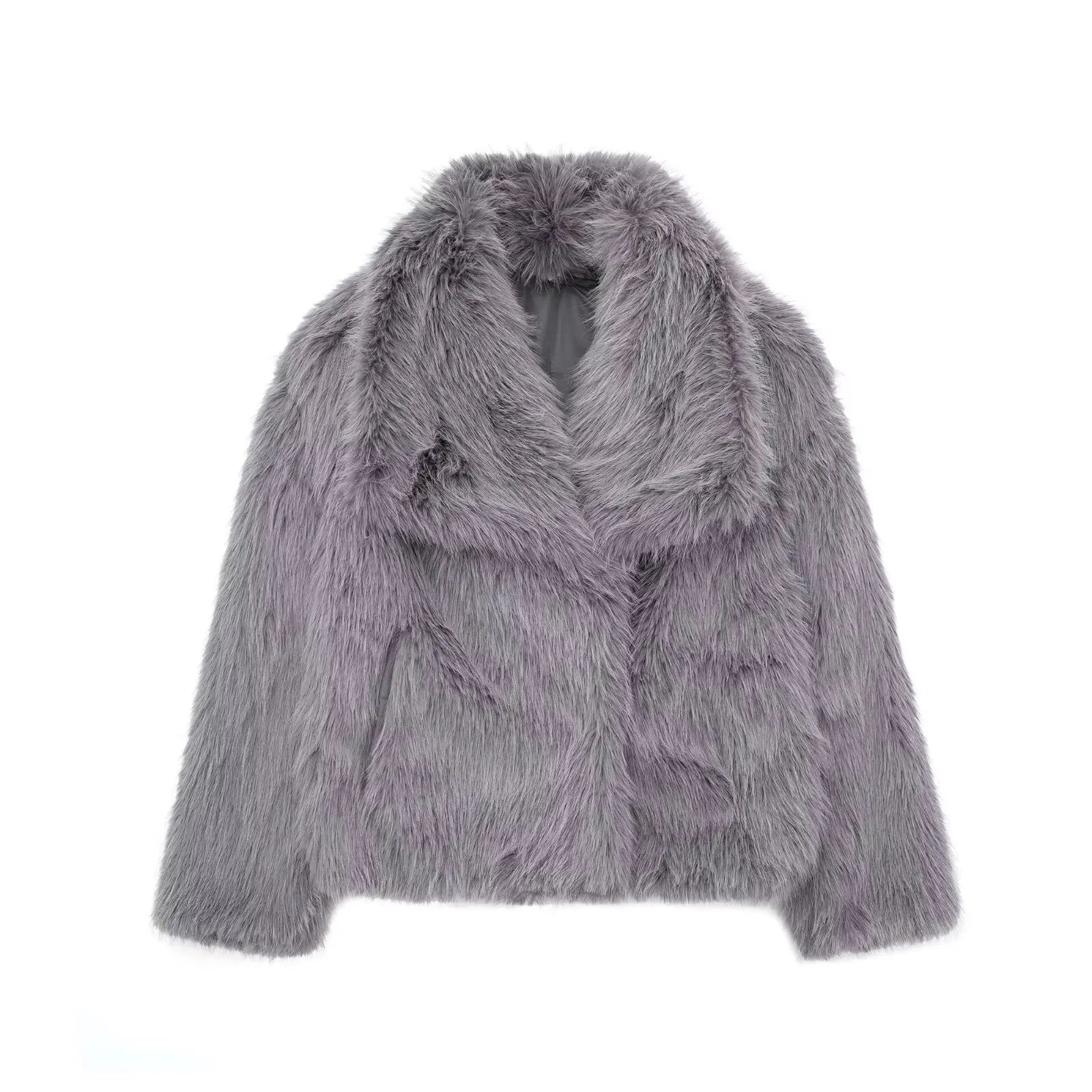 HH Women Fashion Cropped Faux Fur Jacket Coat Long Sleeve Front Snap-button Female Outerwear Chic Lapel Collar Thick Coat