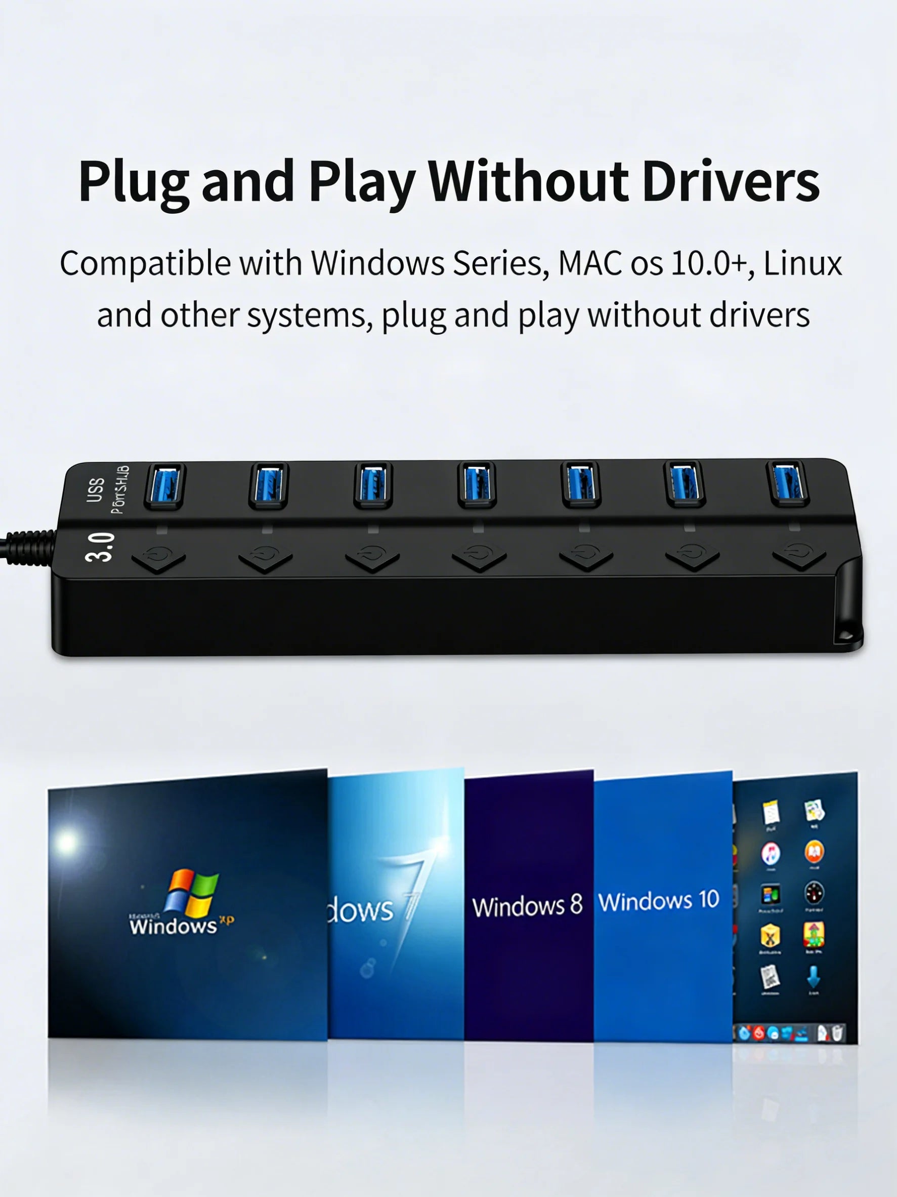 4/7-Port USB 3.0 Hub with LED Indicator Independent Switch Control for Laptop Flash Drive Hard Disk Printer Camera Keyboard