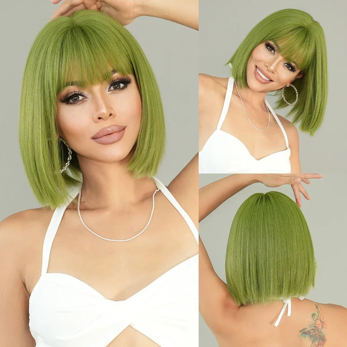NAMM Synthetic Shoulder Length Middle Part Green Ombre Black Wigs Wigs for Women Daily Party High Density Green Root Wigs