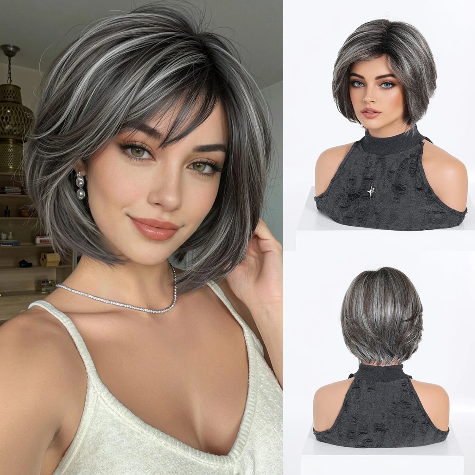 LOUIS FERRE Brown Bob Wig with Bangs for Women Short Synthetic Hair Wig Heat Resistant Natural Looking Daily Cosplay Party Use