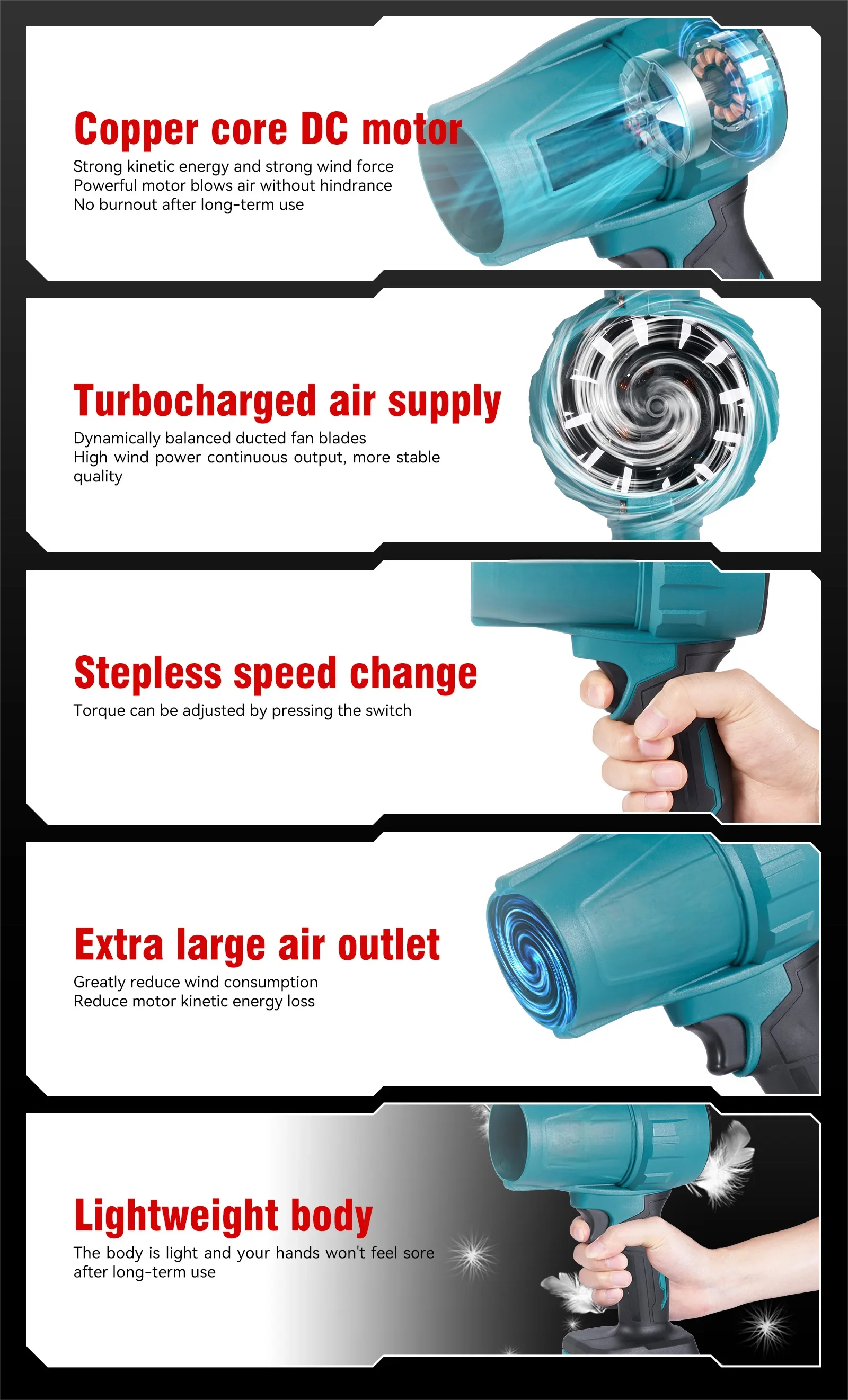 200M/S 2000W Brushless Turbo Fan Blowers  Snow Leaf Dust Blowing Tool for 21V 18V Battery Electric Handheld Jet Fan