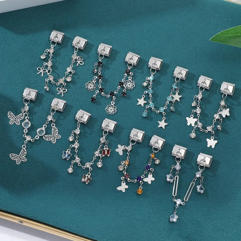 Star Butterfly Heart Zircon Round Pearls Tassel Chain Italian Charm Links Fit 9mm Bracelet Stainless Steel Women DIY Making Gift