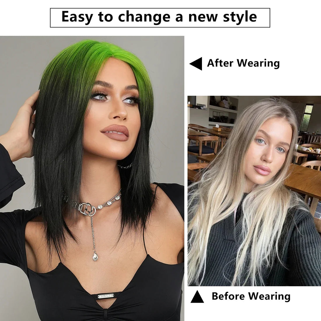 NAMM Synthetic Shoulder Length Middle Part Green Ombre Black Wigs Wigs for Women Daily Party High Density Green Root Wigs