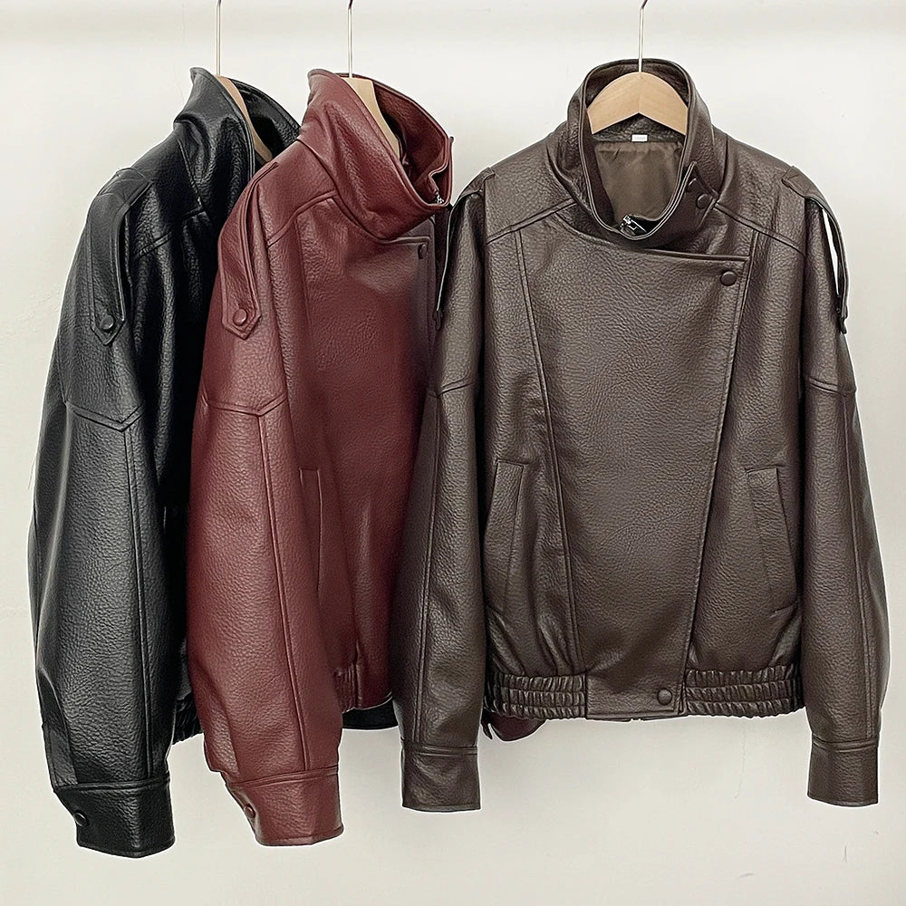 Fake leather Coat Women Y2k Faux Leather Jacket New Casual PU Jacket Motorcycle Style Leather Jacket Pebble Fall Personality
