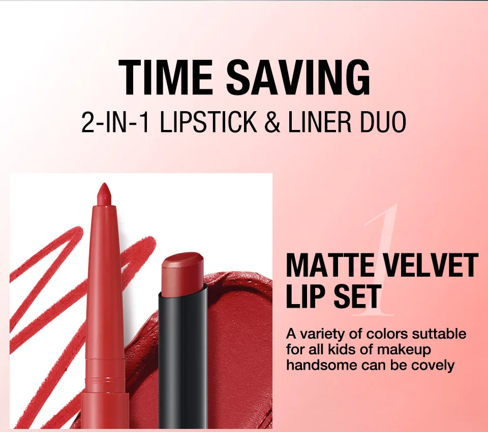 2Pcs/set Matte Soft Mist Slanted Mouth Lipstick + Lip Liner Set Combo Light Matte and Non-Drying Waterproof Non-Stick Lip Set