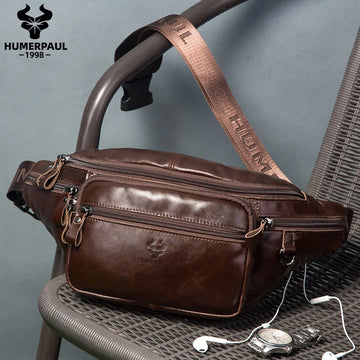 HUMERPAUL Genuine Leather Waist Bag Casual Fanny Pack For Men Multifunction Outdoor Chest Bag Phone Pouch Travel Crossbody Bages