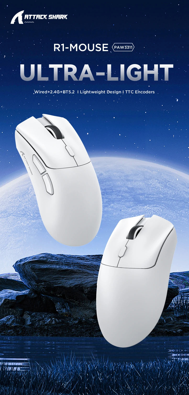Attack Shark R1 Wireless Gaming Mouse 1000Hz 18000DPI PAW3311 Tri-Mode Connection Macro Programmable Ergonomic Game Mice for PC