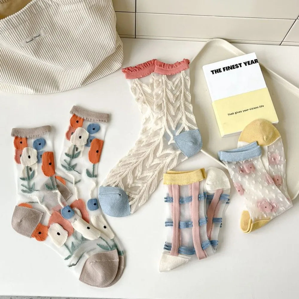Fashion Socks For Women Summer Breathable Trendy Casual Socks Cute Fashion Korean Style Transparent Lace Sweet Socks