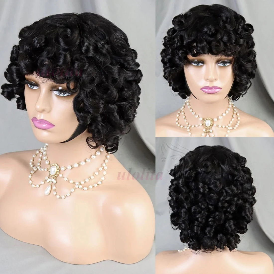 Fumi Curly Human Hair Wigs Fringe Wig Pixie Cut Rose Curly Cheap Full Machine Made Wigs Egg Curl Short Bob Wig With Bangs