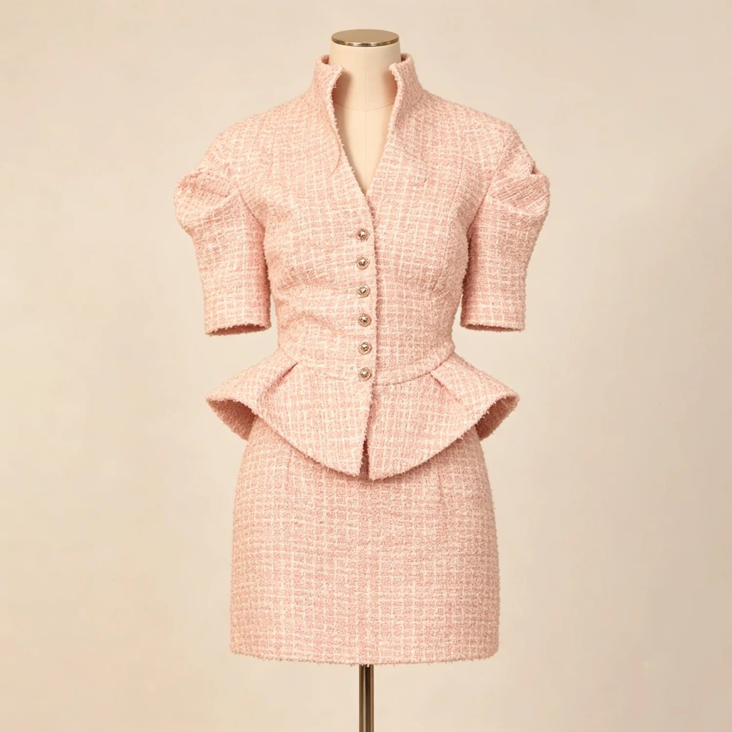 LIMO 2026 New Arrival Pink Tweed 2 Piece Outfit, Women's Elegant Peplum Top with Mini Skirt, Puff Sleeve Formal Suit