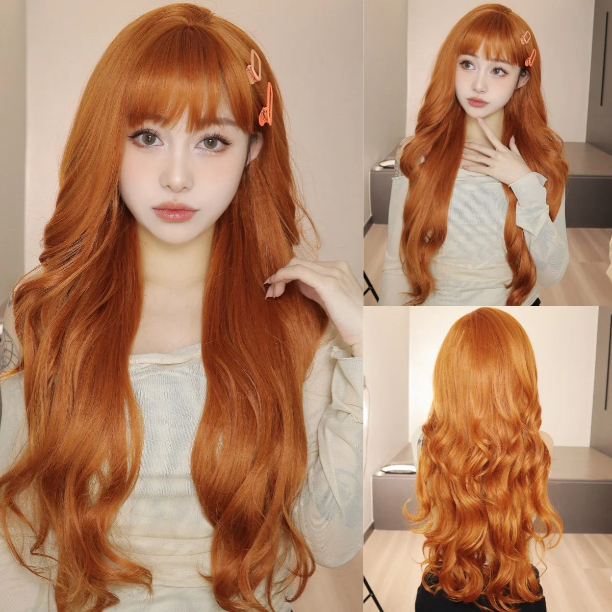 Party Wigs for Girls Fluffy Curly Hair with Bangs Orange Synthetic Wig for Women Cosplay Wigs Natural Daily Heat Resistant Fiber