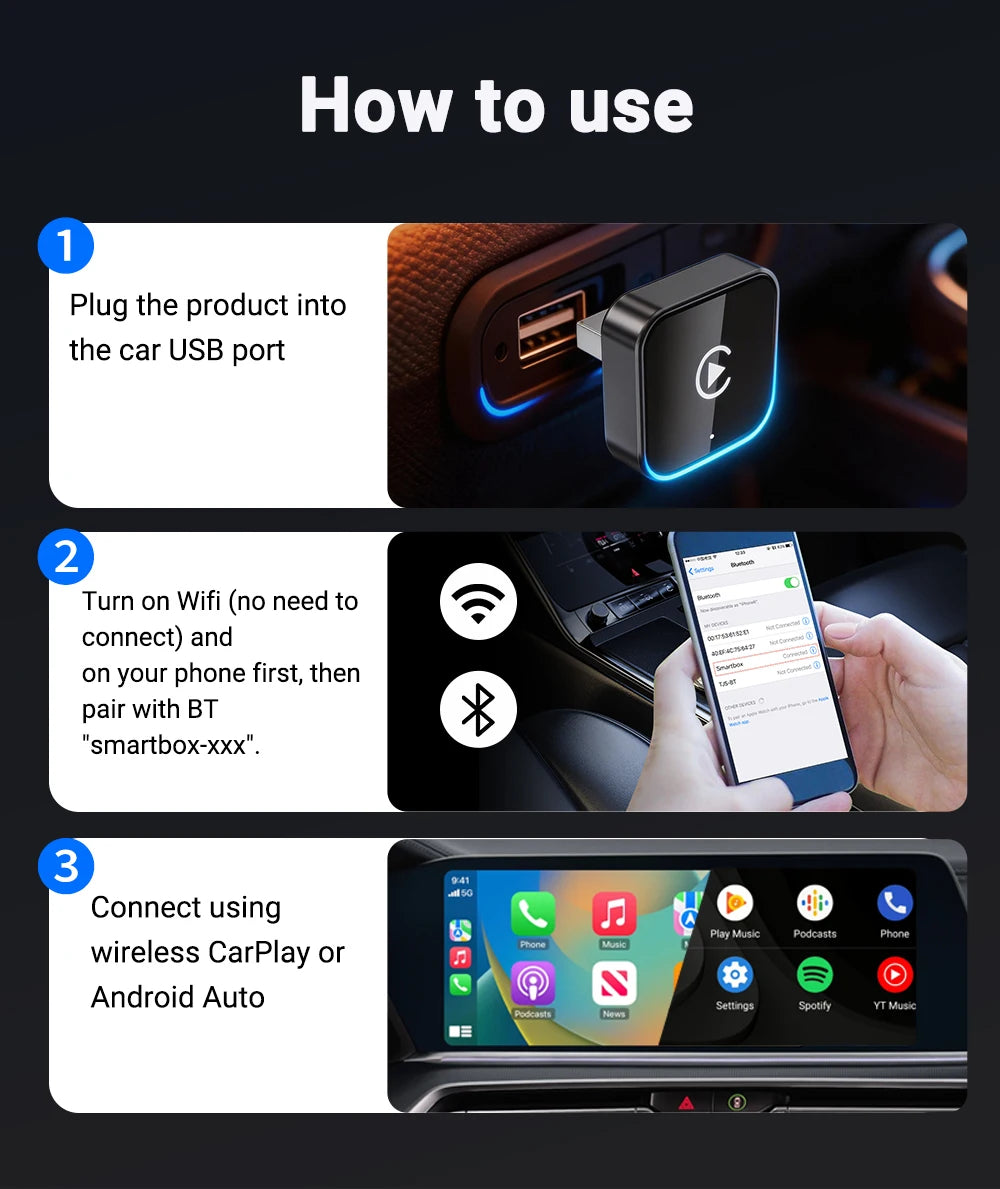 2026 NEW Upgraded Wired To Wireless Carplay Android Auto 2In1 Adapter Car Gadget Smart Box Plug and Play 5Ghz Wifi Fast Connect