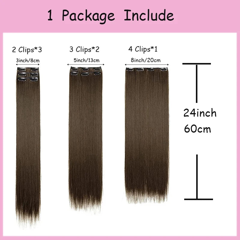 WIGSIN Synthetic 6pcs/set 24Inch Long Straight Hair Extensions Clip-in Heat Resistant Black Blonde Hairpiece for Women