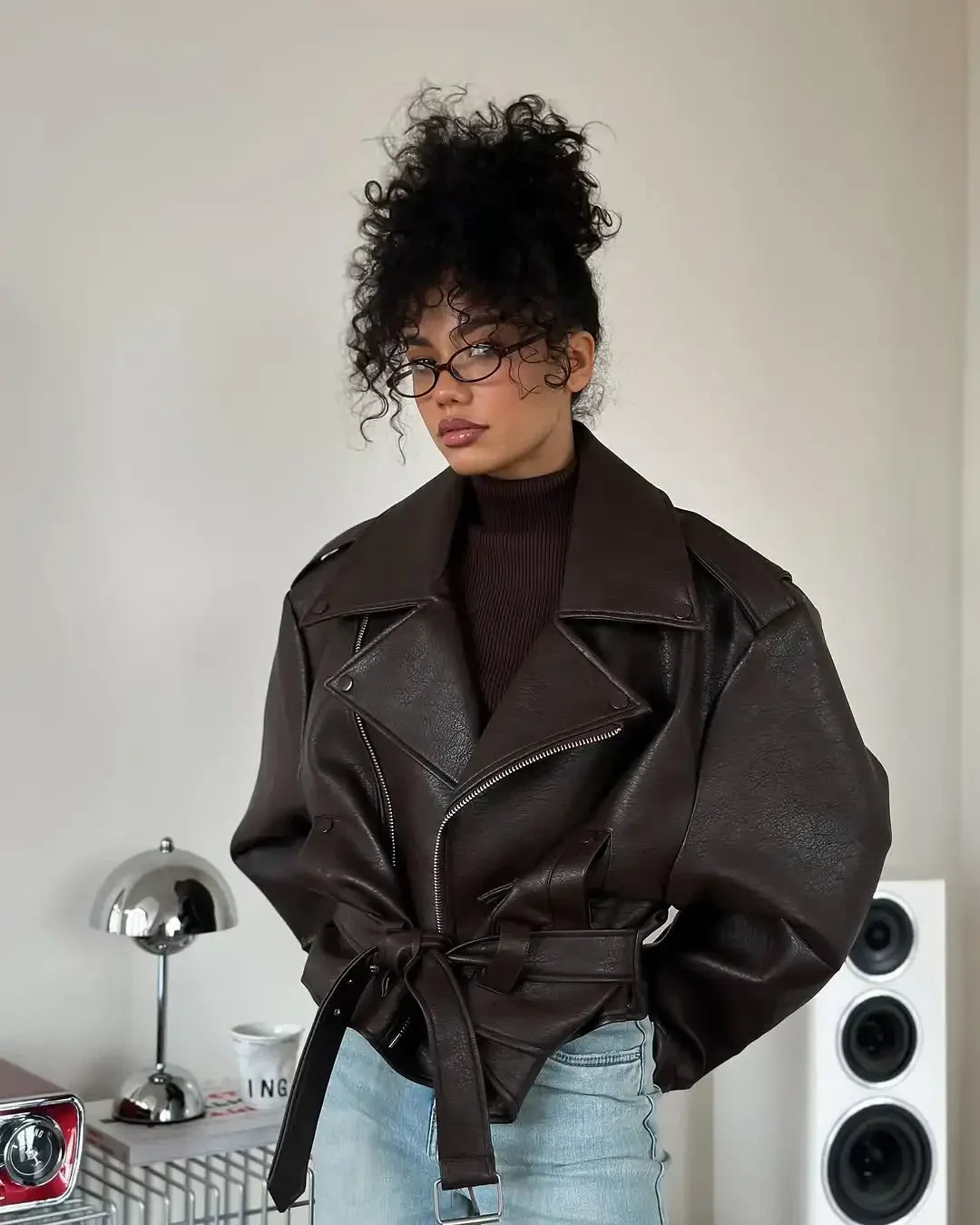 Women's Dark Red Zipper Leather Short Jackets Chic Long Sleeve Lace Up Lapel Loose Button Coat Lady Daily High Street Wear 2025