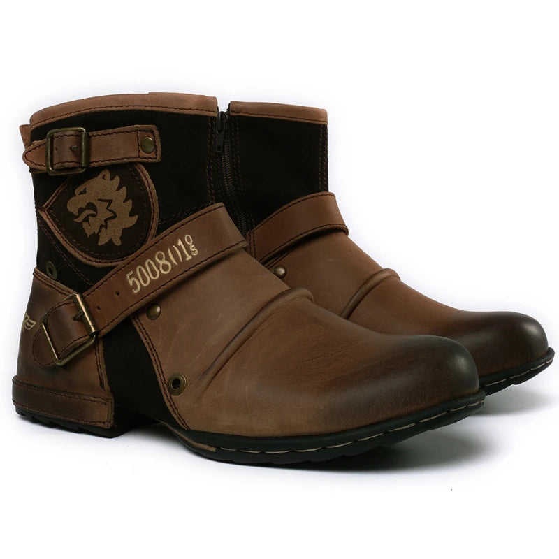 Cowboy Men's Ankle Boots High Quality Retro Men Motorcycle Boots Luxury Fashion Western Boot Metal Style Zippers Men Shoes 39-48