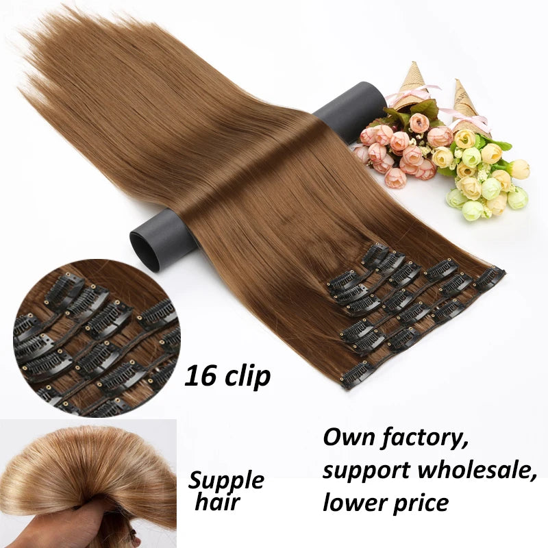 WIGSIN Synthetic 6pcs/set 24Inch Long Straight Hair Extensions Clip-in Heat Resistant Black Blonde Hairpiece for Women