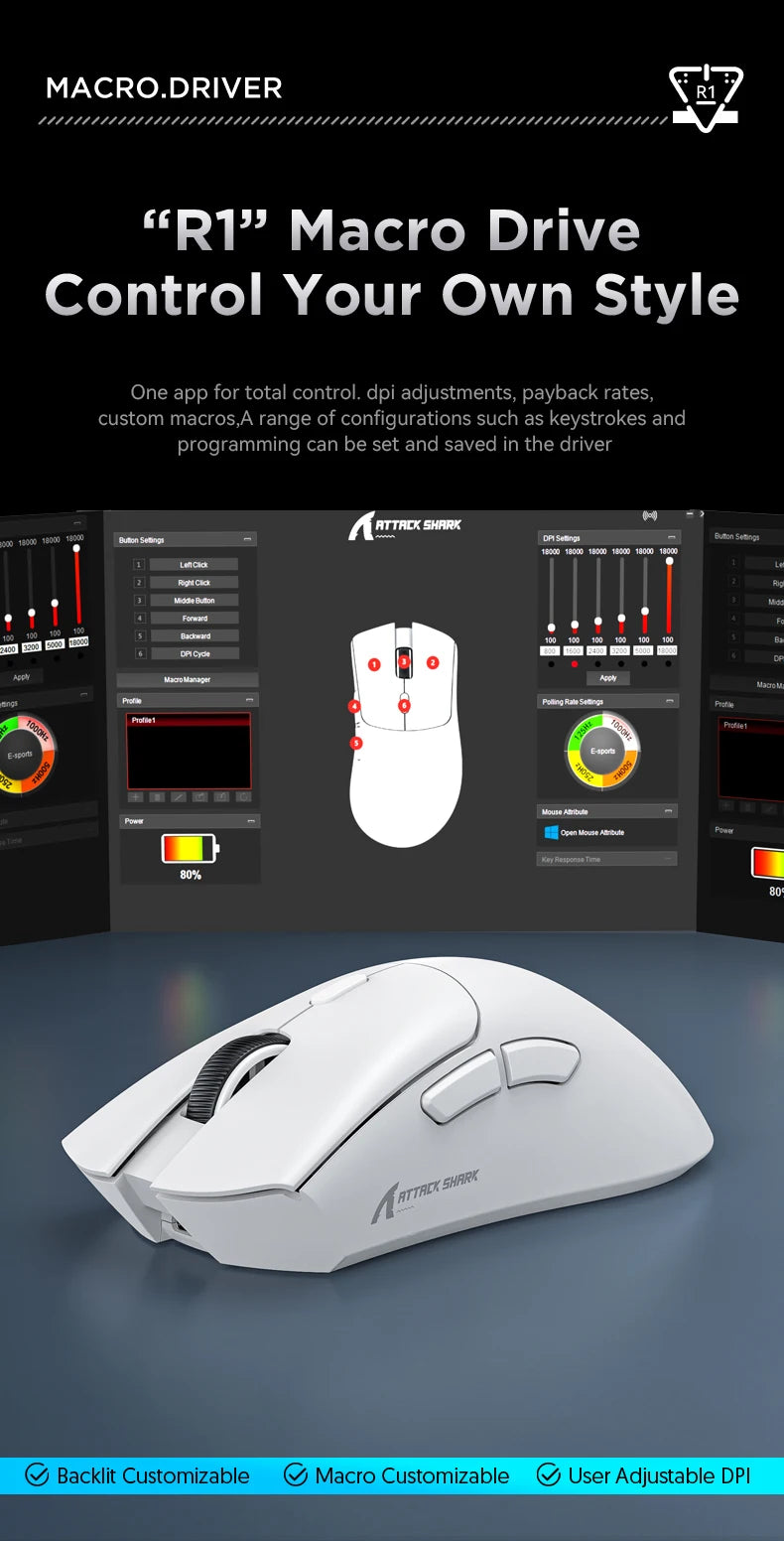 Attack Shark R1 Wireless Gaming Mouse 1000Hz 18000DPI PAW3311 Tri-Mode Connection Macro Programmable Ergonomic Game Mice for PC