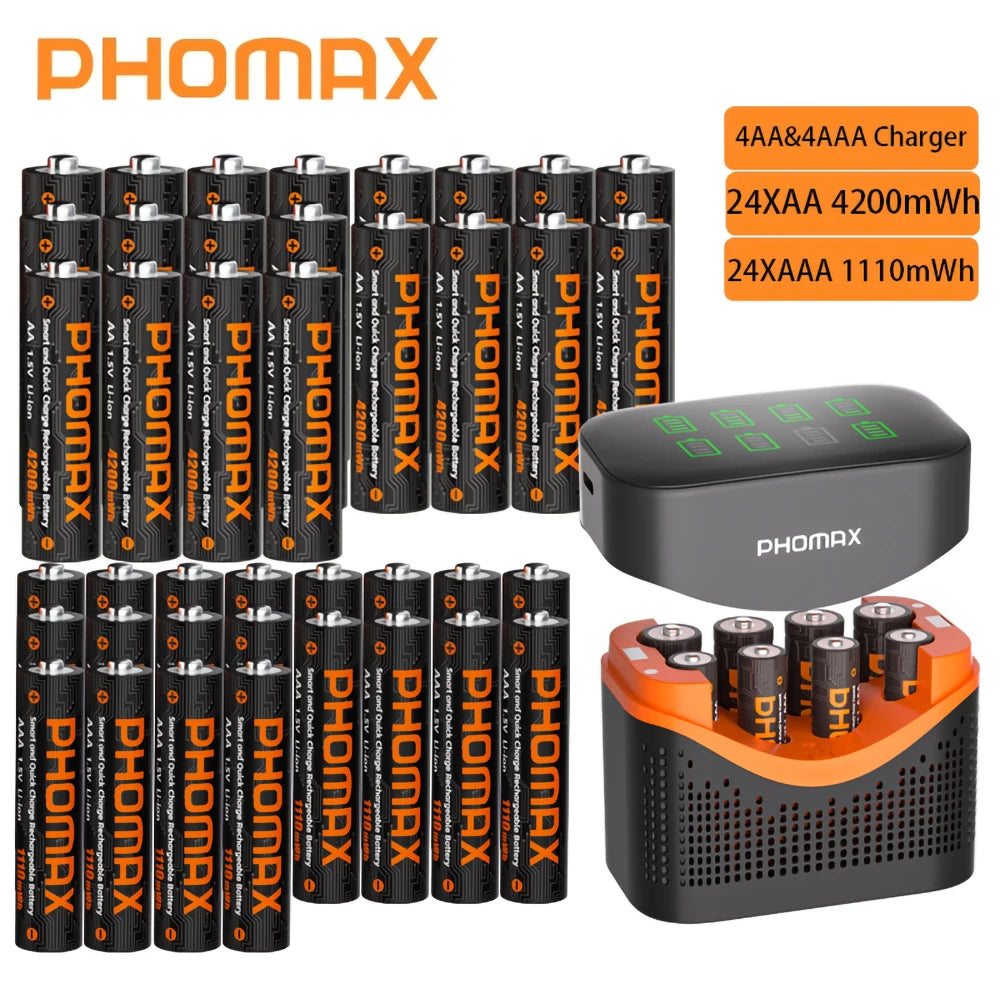 PHOMAX New Fast Charger&Rechargeable Battery,1.5V AA 4200mWh & AAA 1110mWh Lithium Battery  For  Remote Control Mouse SmartDoor