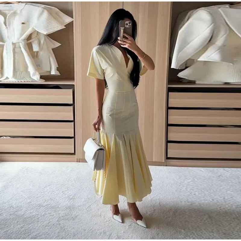 Women Fashion Solid Dress V-neck Ruffles Hem Short Sleeves Waist-cinching Draped Empire Dresses Summer Chic Elegant Summer Gown