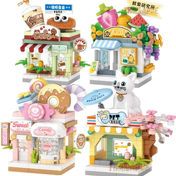 NEW Restaurant Dessert Coffee Pet Fruit Store Street View Food House Building Blocks Kit  Bricks Model Toy