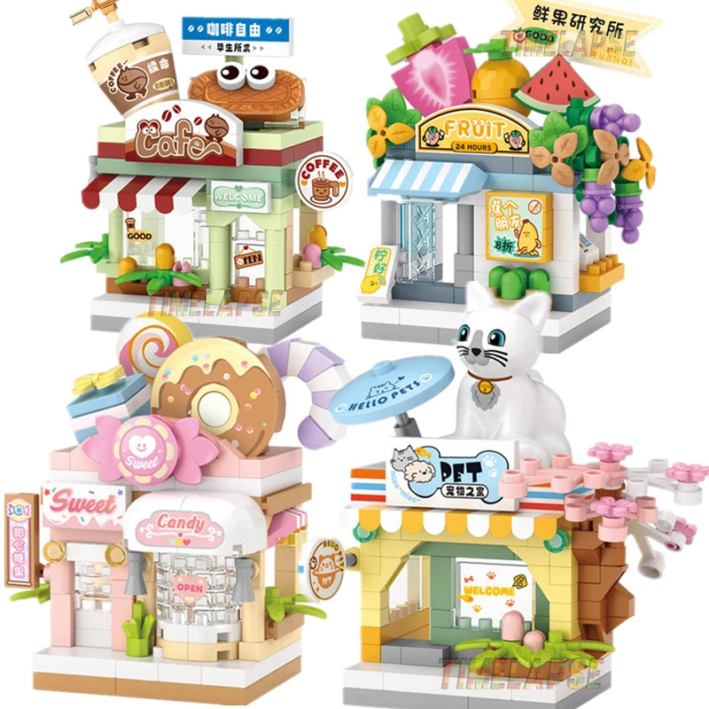 NEW Restaurant Dessert Coffee Pet Fruit Store Street View Food House Building Blocks Kit  Bricks Model Toy