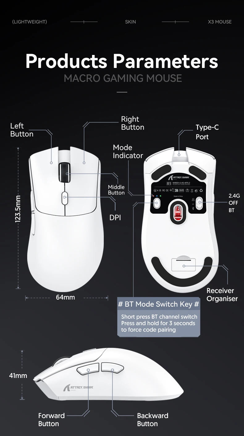 Attack Shark R1 Wireless Gaming Mouse 1000Hz 18000DPI PAW3311 Tri-Mode Connection Macro Programmable Ergonomic Game Mice for PC