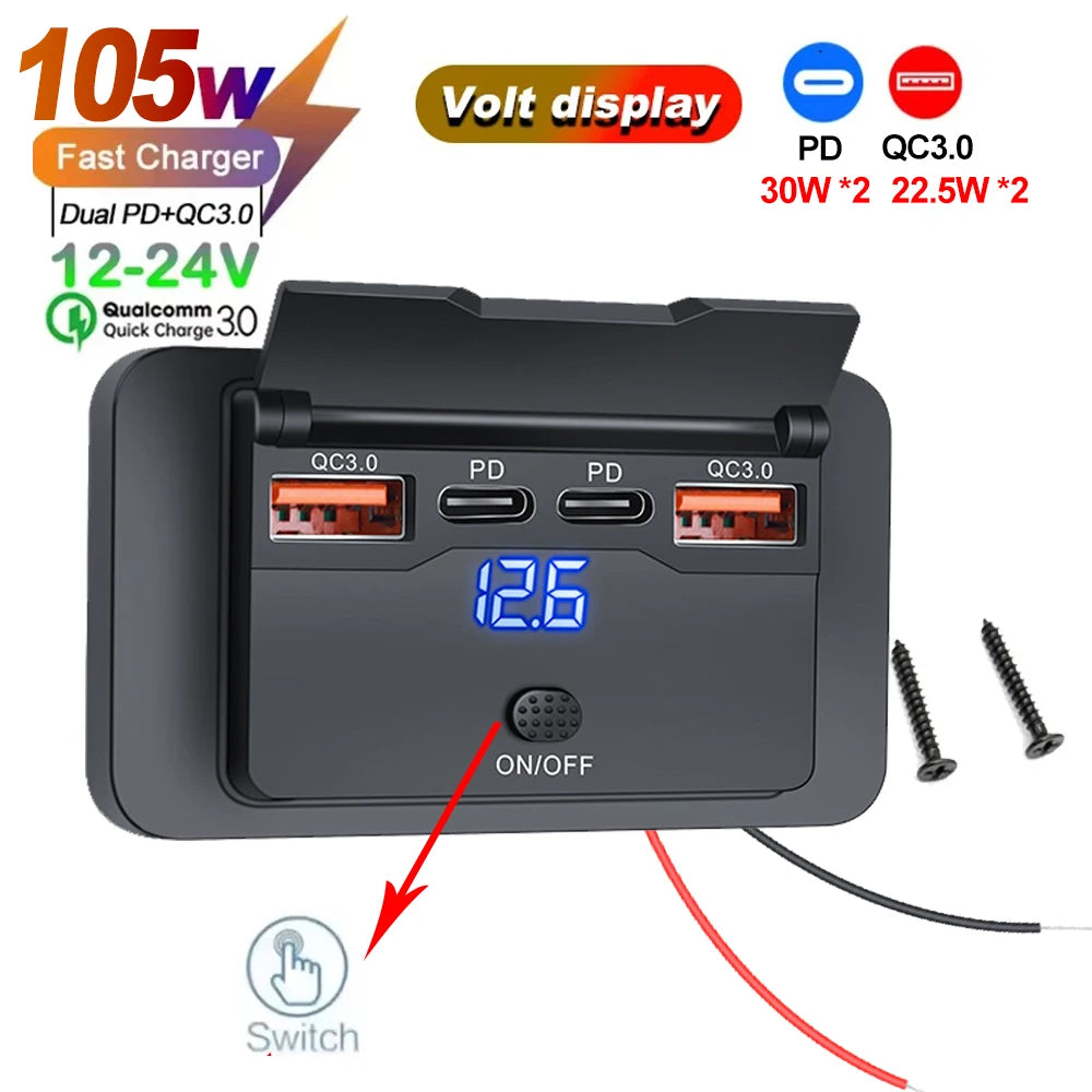 Car Charger Socket Adapter with Switch 2/4 Ports 12V 24V PD QC3.0 Charging Splitter Outlet for Bus RV ATV Truck Boat