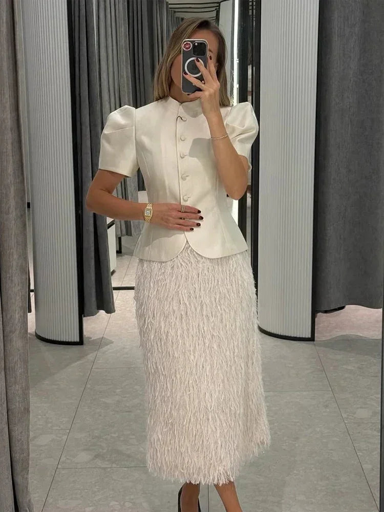 Chic White Lantern Sleeve Shirt Women Solid Stand Collar Stand Collar Slim Shirts Lady Casual Tops Commute Outwear 2026 New