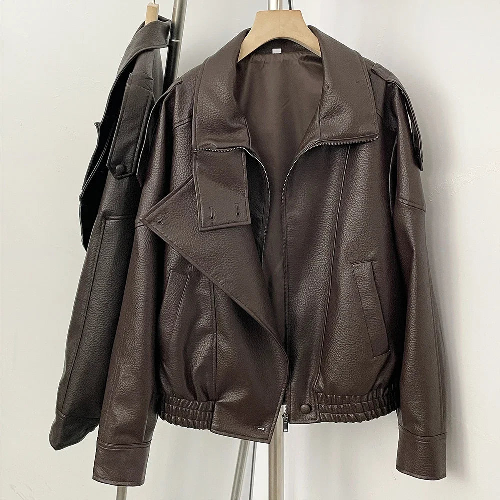 Fake leather Coat Women Y2k Faux Leather Jacket New Casual PU Jacket Motorcycle Style Leather Jacket Pebble Fall Personality