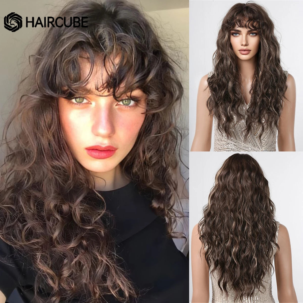Party Wigs for Girls Fluffy Curly Hair with Bangs Orange Synthetic Wig for Women Cosplay Wigs Natural Daily Heat Resistant Fiber