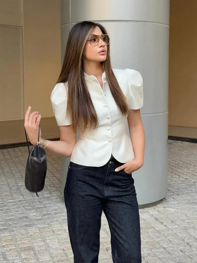 Chic White Lantern Sleeve Shirt Women Solid Stand Collar Stand Collar Slim Shirts Lady Casual Tops Commute Outwear 2026 New