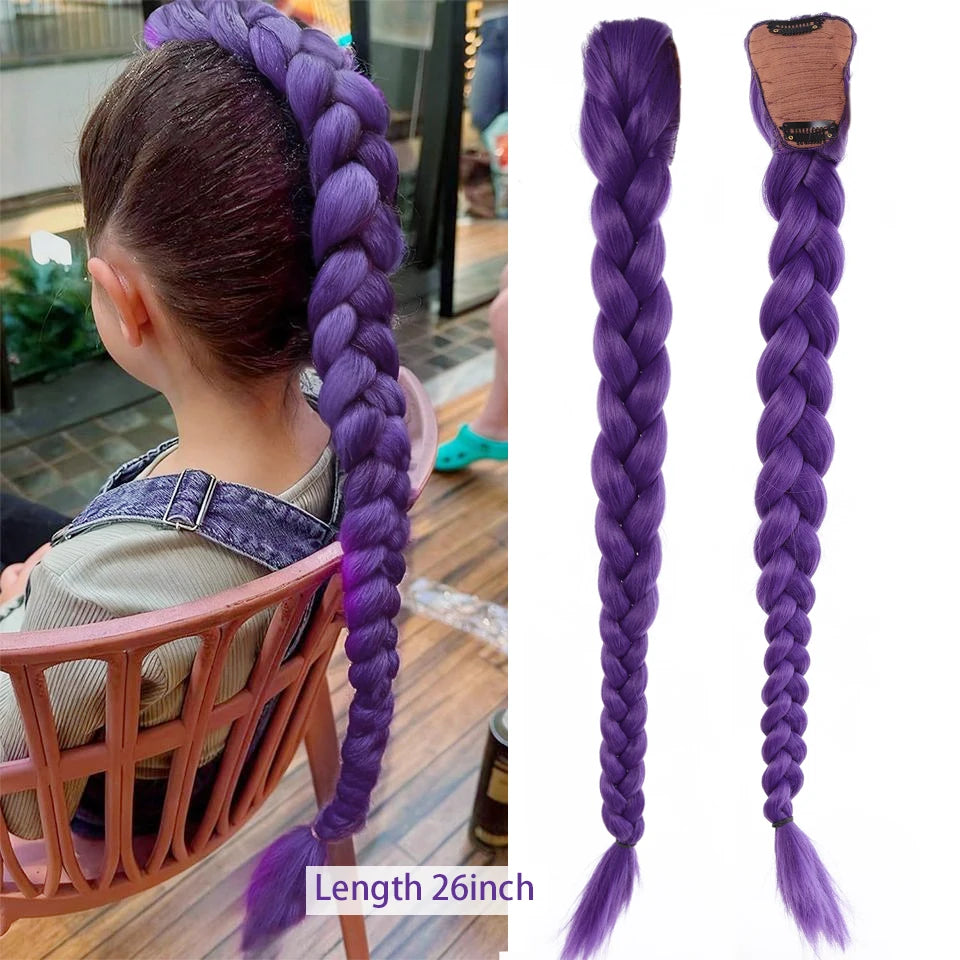 Synthetic Purple Braided Hair Ponytail Rumi Costume Hairstyle Long Ponytail with Rubber band and Clips for Kids Girls Christmas