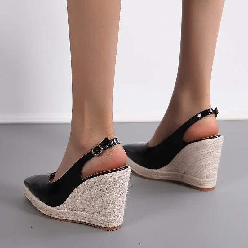MAGLINS New Women's Wedge Heel Platform High Heel Pointed Toe Women's Shoes Back Empty Drag Fashion Platform Patent Leather