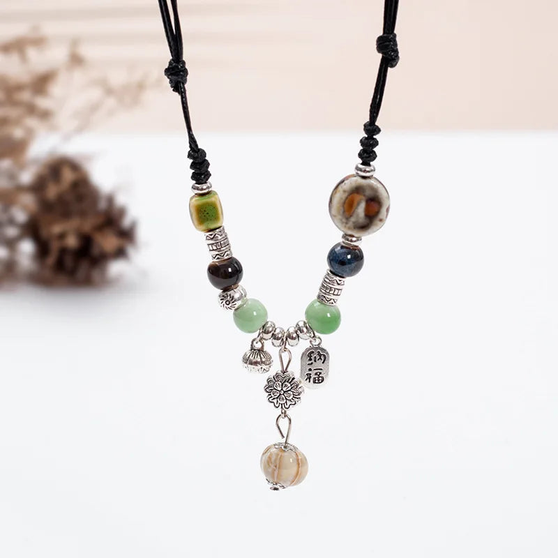 Fashion Ethnic Jewelry Traditional Handmade Ornaments Weave Wax Rope Ceramics Necklace Ceramics Beads Pendant Long Necklace